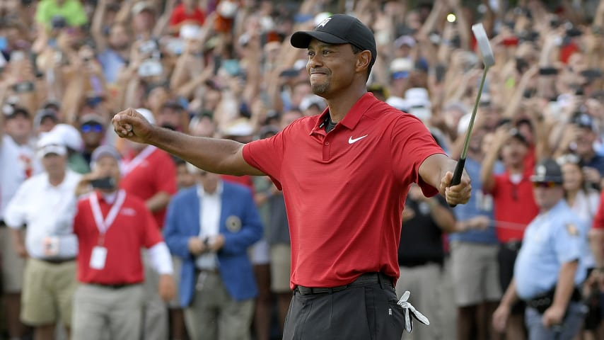 ATLANTA, GA - SEPTEMBER 23: Tiger Woods celebrates his win after the final round of the TOUR Championship at East Lake Golf Club on September 23, 2018, in Atlanta, Georgia. (Photo by Stan Badz/PGA TOUR)