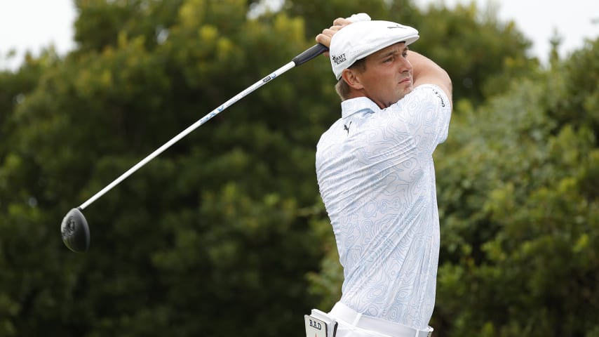 JERSEY CITY, NEW JERSEY - AUGUST 21: Bryson DeChambeau of the United States plays his shot from the third tee during the third round of THE NORTHERN TRUST, the first event of the FedExCup Playoffs, at Liberty National Golf Club on August 21, 2021 in Jersey City, New Jersey. (Photo by Sarah Stier/Getty Images)