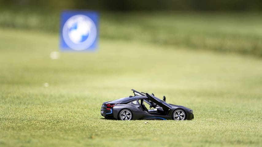 OLYMPIA FIELDS, IL - AUGUST 29 : A miniature replica of a BMW acts as a tee marker on the 11th hole during the third round of the BMW Championship at Olympia Fields Country Club (North) on August 29, 2020 in Olympia Fields, IL. (Photo by Tracy Wilcox/PGA TOUR via Getty Images)