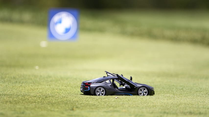 OLYMPIA FIELDS, IL - AUGUST 29 :  A miniature replica of a BMW acts as a tee marker on the 11th hole during the third round of the BMW Championship at Olympia Fields Country Club (North) on August 29, 2020 in Olympia Fields, IL. (Photo by Tracy Wilcox/PGA TOUR via Getty Images)