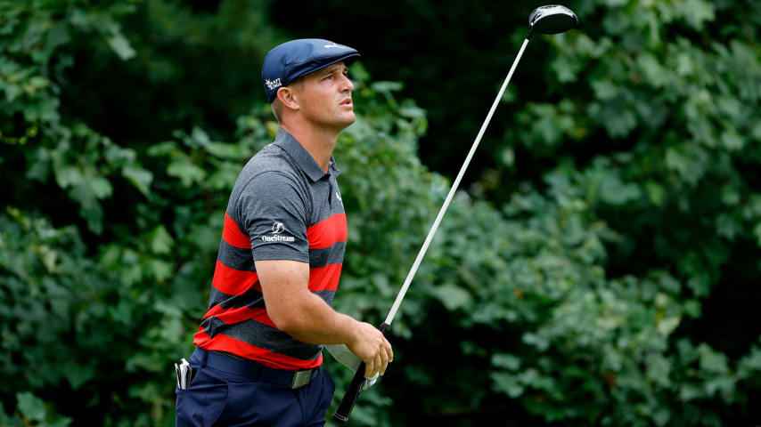 OWINGS MILLS, MARYLAND - AUGUST 29: Bryson DeChambeau of the United States plays his shot from the eighth tee during the final round of the BMW Championship at Caves Valley Golf Club on August 29, 2021 in Owings Mills, Maryland. (Photo by Tim Nwachukwu/Getty Images)