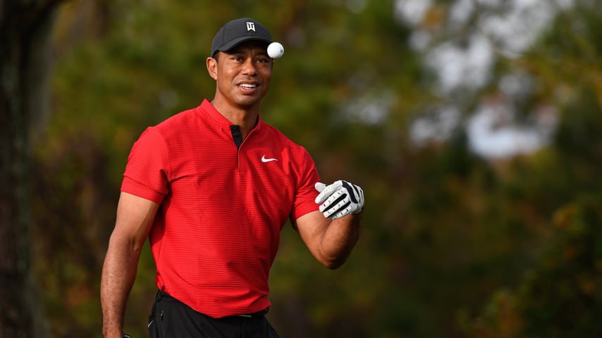 ORLANDO, FL - DECEMBER 20: Tiger Woods catches a ball on the range during the final round of the PGA TOUR Champions PNC Championship at Ritz-Carlton Golf Club on December 20, 2020 in Orlando, Florida. (Photo by Ben Jared/PGA TOUR via Getty Images)