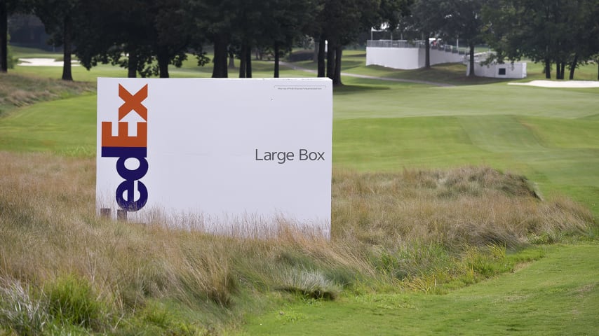 MEMPHIS, TN - AUGUST 02: A large FedEx box is just off the 10th fairway prior to the World Golf Championships-FedEx St. Jude Invitational at TPC Southwind on August 2, 2021 in Memphis, Tennessee. (Photo by Tracy Wilcox/PGA TOUR via Getty Images)