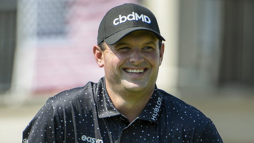 MEMPHIS, TN - AUGUST 04: Patrick Reed is all smiles at the 18th hole prior to the World Golf Championships-FedEx St. Jude Invitational at TPC Southwind on August 4, 2021 in Memphis, Tennessee. (Photo by Tracy Wilcox/PGA TOUR via Getty Images)