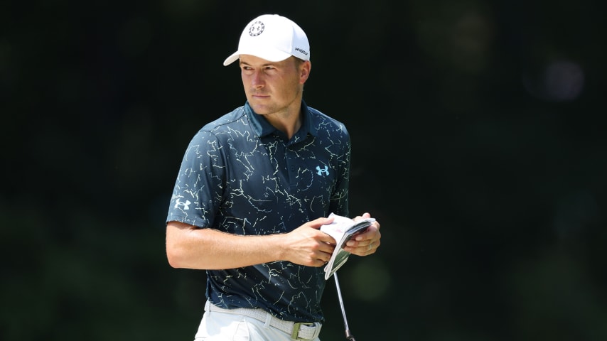 OWINGS MILLS, MARYLAND - AUGUST 27: Jordan Spieth of the United States checks his yardage book on the fifth green during the second round of the BMW Championship at Caves Valley Golf Club on August 27, 2021 in Owings Mills, Maryland. (Photo by Rob Carr/Getty Images)