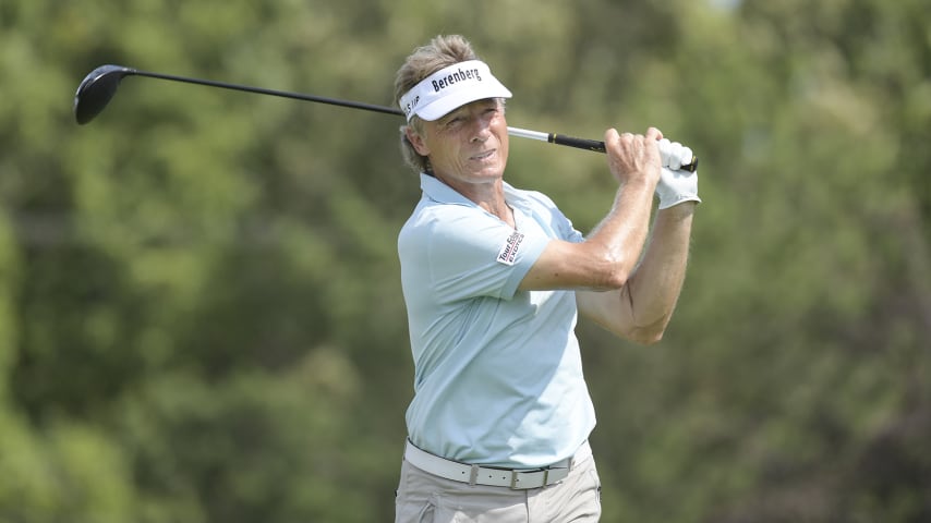 GRAND BLANC, MI - AUGUST 29: Bernhard Langer watches his tee shot on the fourth hole during the final round of The Ally Challenge at Warwick Hills Golf and Country Club on August 29, 2021 in Grand Blanc, Michigan. (Photo by Stan Badz/PGA TOUR)
