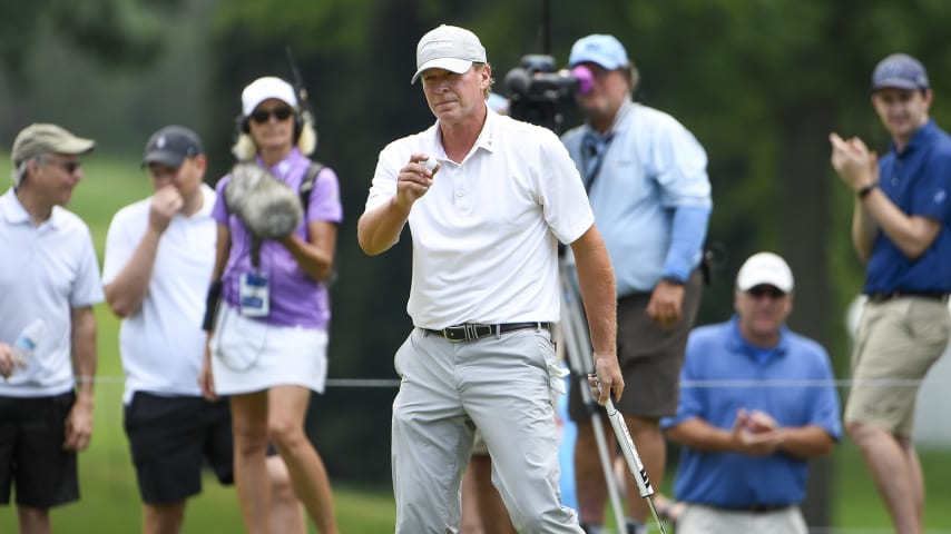 AKRON, OH - JUNE 26: Steve Stricker makes birdie at the first hole during the third round of the PGA TOUR Champions Bridgestone SENIOR PLAYERS Championship at Firestone Country Club on June 26, 2021 in Akron, Ohio. (Photo by Tracy Wilcox/PGA TOUR via Getty Images)