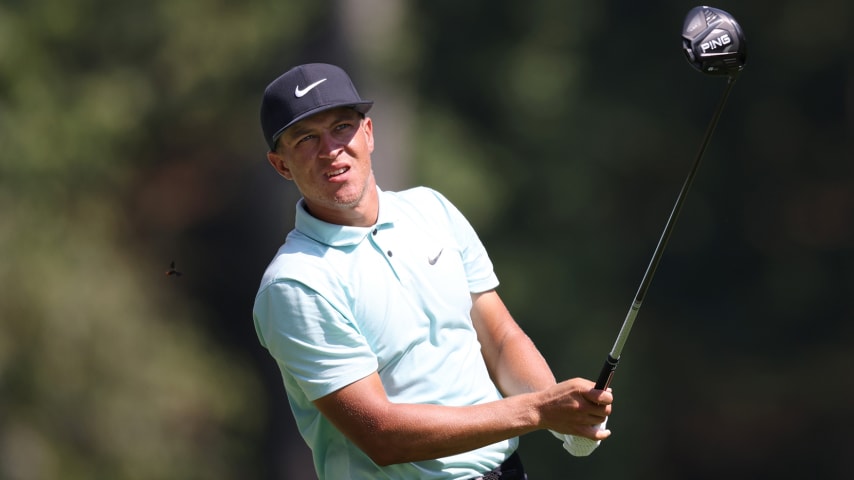 OWINGS MILLS, MARYLAND - AUGUST 26: Cameron Champ of the United States plays his shot from the seventh tee during the first round of the BMW Championship at Caves Valley Golf Club on August 26, 2021 in Owings Mills, Maryland. (Photo by Rob Carr/Getty Images)