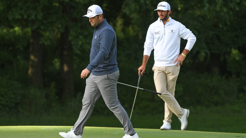 CHARLOTTE, NC - MAY 06: Jon Rahm of Spain and Max Homa play the 12th green during the first round of the Wells Fargo Championship at Quail Hollow Club on May 6, 2021 in Charlotte, North Carolina. (Photo by Ben Jared/PGA TOUR via Getty Images)