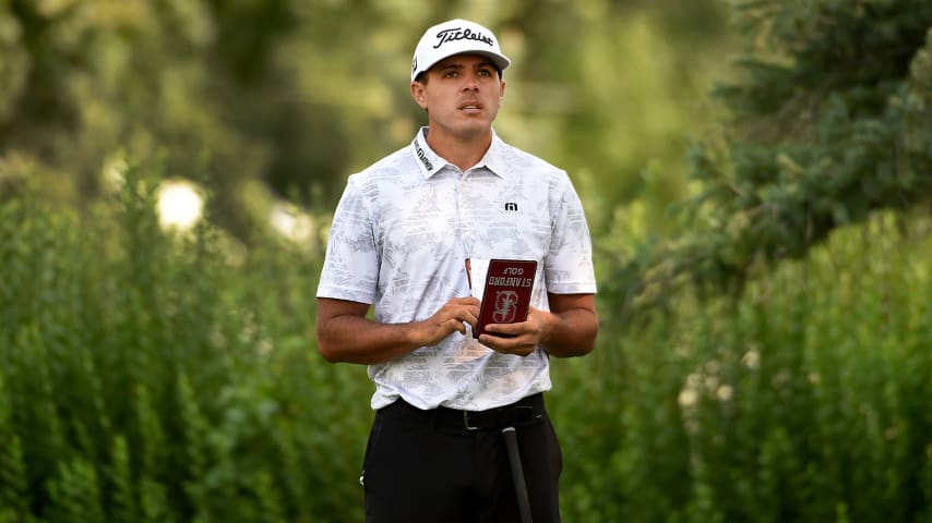 BOISE, IDAHO - AUGUST 19: Joseph Bramlett takes a look at his yardage book before hitting his tee shot on the second hole during the first round of the Albertsons Boise Open at Hillcrest Country Club on August 19, 2021 in Boise, Idaho. (Photo by Steve Dykes/Getty Images)