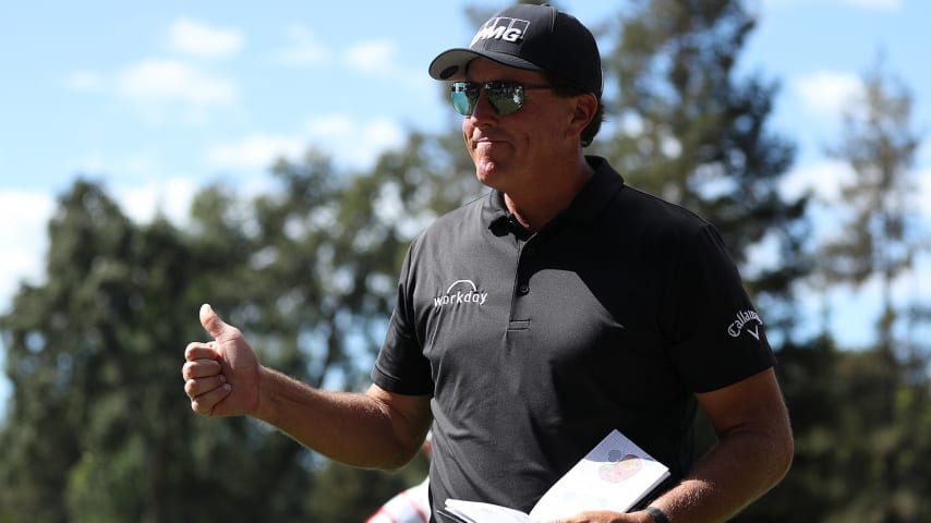 NAPA, CALIFORNIA - SEPTEMBER 19: Phil Mickelson walks on the seventh hole during the final round of the Fortinet Championship at Silverado Resort and Spa on September 19, 2021 in Napa, California. (Photo by Meg Oliphant/Getty Images)