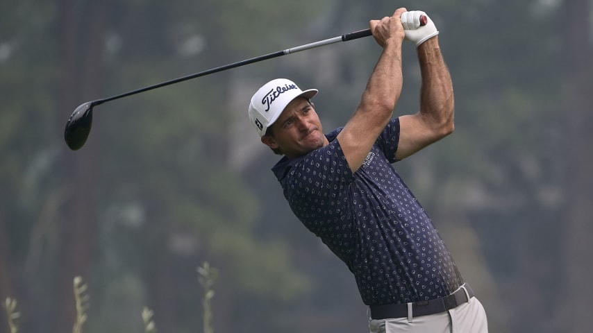 TRUCKEE, CALIFORNIA - AUGUST 06: Sam Saunders of the United States plays a shot from the tenth tee during the second round of the Barracuda Championship at Tahoe Mountain Club's Old Greenwood Golf Course on August 06, 2021 in Truckee, California. (Photo by Alex Goodlett/Getty Images)