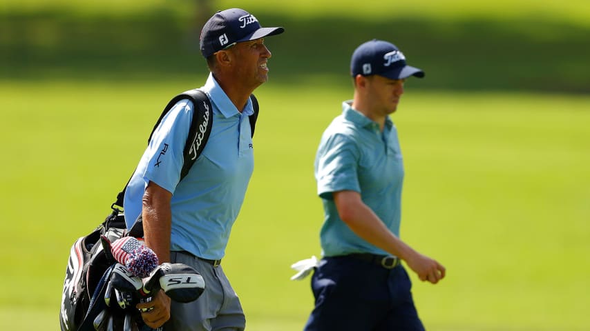 ATLANTA, GEORGIA - SEPTEMBER 03:  Jim 'Bones' Mackay, caddie for Justin Thomas, walks the third hole during a practice round prior to the TOUR Championship at East Lake Golf Club on September 03, 2020 in Atlanta, Georgia. (Photo by Kevin C. Cox/Getty Images)