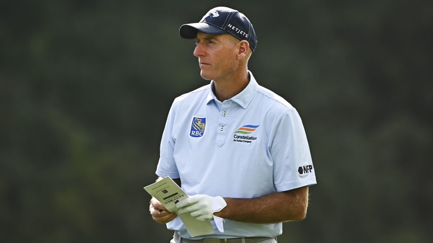 SIOUX FALLS, SOUTH DAKOTA - SEPTEMBER 19: Jim Furyk of the United States takes his second shot on the 5th hole during the final round of the Sanford International Presented by Cambria at Minnehaha Country Club on September 19, 2021 in Sioux Falls, South Dakota. (Photo by Alex Goodlett/Getty Images)