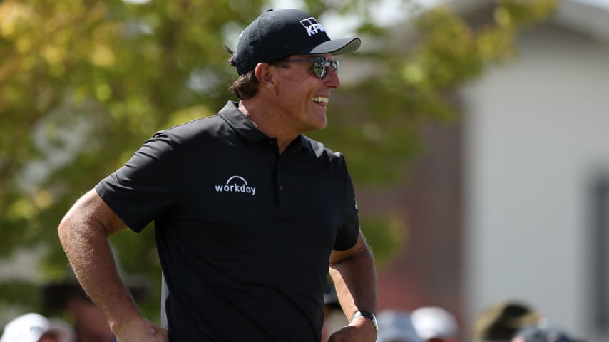NAPA, CALIFORNIA - SEPTEMBER 19: Phil Mickelson stands on the first hole tee during the final round of the Fortinet Championship at Silverado Resort and Spa on September 19, 2021 in Napa, California. (Photo by Meg Oliphant/Getty Images)