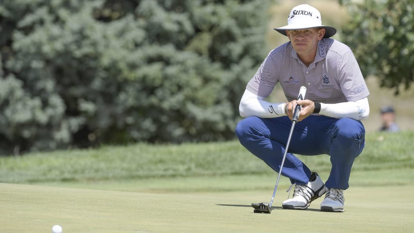 OMAHA, NE - AUGUST 15: Jared Wolfe studies his putt on the first green during the final round of the Korn Ferry Tours Pinnacle Bank Championship presented by Aetna at The Club at Indian Creek on August 15, 2021 in Omaha, Nebraska.  (Photo by Stan Badz/PGA TOUR)