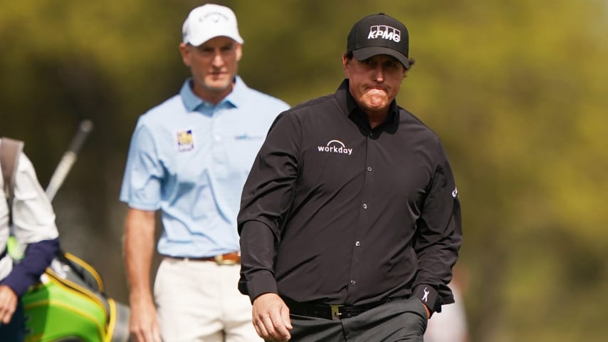 AUSTIN, TEXAS - MARCH 28: Phil Mickelson of the United States and Jim Furyk of the United States walk on the second hole during the second round of the World Golf Championships-Dell Technologies Match Play at Austin Country Club on March 28, 2019 in Austin, Texas. (Photo by Darren Carroll/Getty Images)