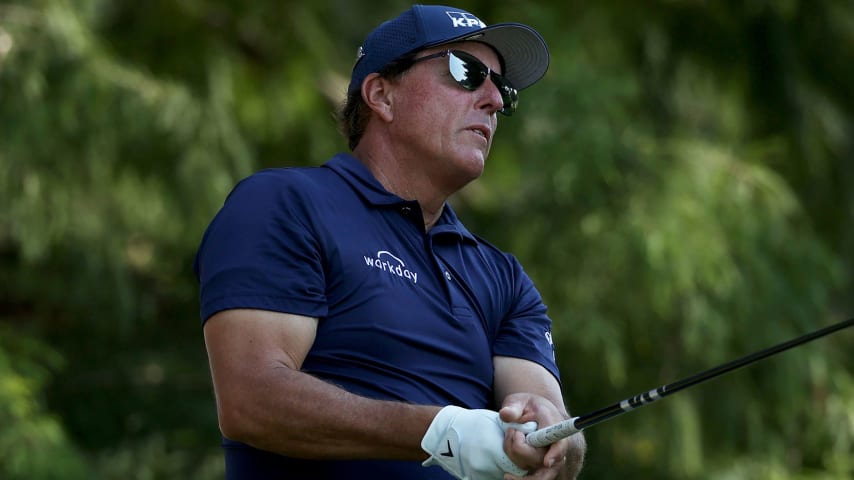 MEMPHIS, TENNESSEE - AUGUST 05: Phil Mickelson plays his shot from the 12th tee during the first round of the FedEx St. Jude Invitational at TPC Southwind on August 05, 2021 in Memphis, Tennessee. (Photo by Dylan Buell/Getty Images)