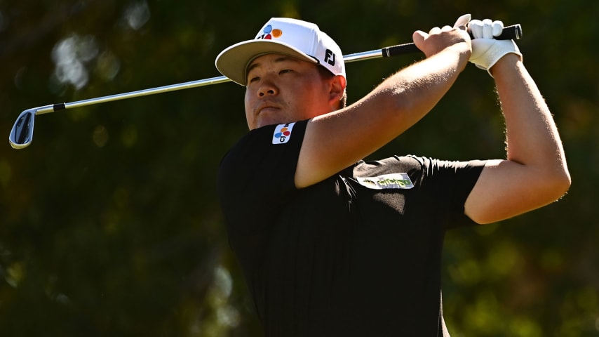 LAS VEGAS, NEVADA - OCTOBER 10: Sungjae Im of South Korea hits his tee shot on the eighth hole during the final round of the Shriners Children's Open at TPC Summerlin on October 10, 2021 in Las Vegas, Nevada. (Photo by Alex Goodlett/Getty Images)