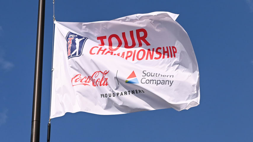 ATLANTA, GA - SEPTEMBER 05: The American Flag and TOUR Championship flag is seen during the second round of the TOUR Championship at East Lake Golf Club on September 5, 2020 in Atlanta, Georgia. (Photo by Ben Jared/PGA TOUR via Getty Images)