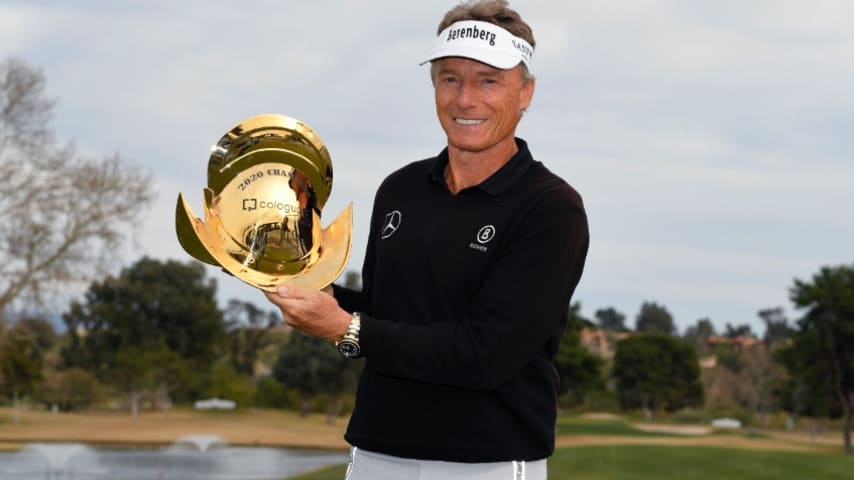 TUCSON, AZ - MARCH 01: Bernhard Langer celebrates with the conquistador helmet after winning the PGA TOUR Champions Cologuard Classic at Omni Tucson National on March 1, 2020 in Tucson, Arizona. (Photo by Stan Badz/PGA TOUR via Getty Images )