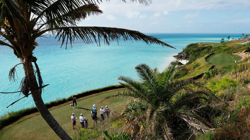 SOUTHAMPTON, BERMUDA - NOVEMBER 01: Brian Gay of the United States plays his shot from the 16th tee during the final round of the Bermuda Championship at Port Royal Golf Course on November 01, 2020 in Southampton, Bermuda. (Photo by Gregory Shamus/Getty Images)