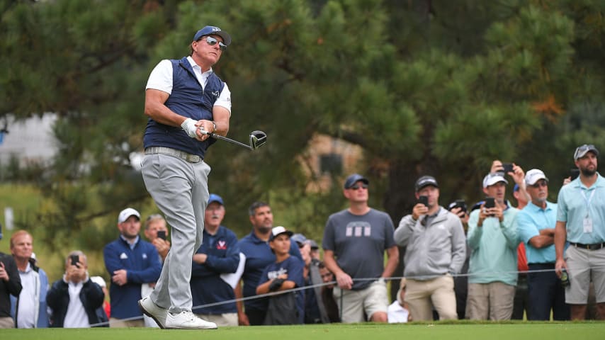 RICHMOND, VA - OCTOBER 22: Phil Mickelson tees off on the second hole during the first round of the PGA TOUR Champions Dominion Energy Charity Classic at The Country Club of Virginia on October 22 2021 in Richmond, Virginia. (Photo by Ben Jared/PGA TOUR via Getty Images)