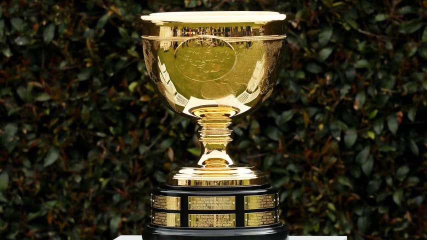 MELBOURNE, AUSTRALIA - DECEMBER 11: A general view of the trophy during the United States team photo ahead of the 2019 Presidents Cup at Royal Melbourne Golf Course on December 11, 2019 in Melbourne, Australia. (Photo by Rob Carr/Getty Images)