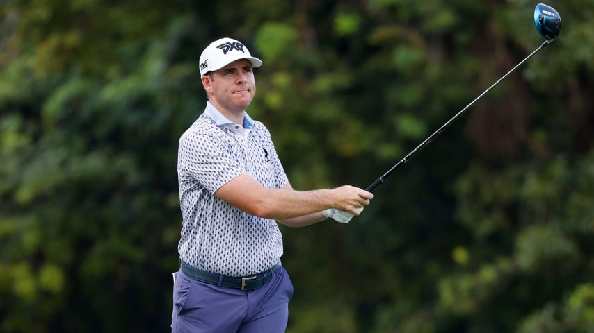 PLAYA DEL CARMEN, MEXICO - NOVEMBER 04: Luke List of the United States plays his shot from the second tee during the first round of the World Wide Technology Championship at Mayakoba on the El Camaleon course on November 04, 2021 in Playa del Carmen, Mexico. (Photo by Cliff Hawkins/Getty Images)