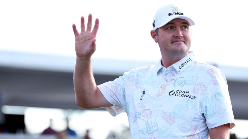 HOUSTON, TEXAS - NOVEMBER 14: Jason Kokrak reacts after putting in to win on the 18th green during the final round of the Hewlett Packard Enterprise Houston Open at Memorial Park Golf Course on November 14, 2021 in Houston, Texas. (Photo by Carmen Mandato/Getty Images)