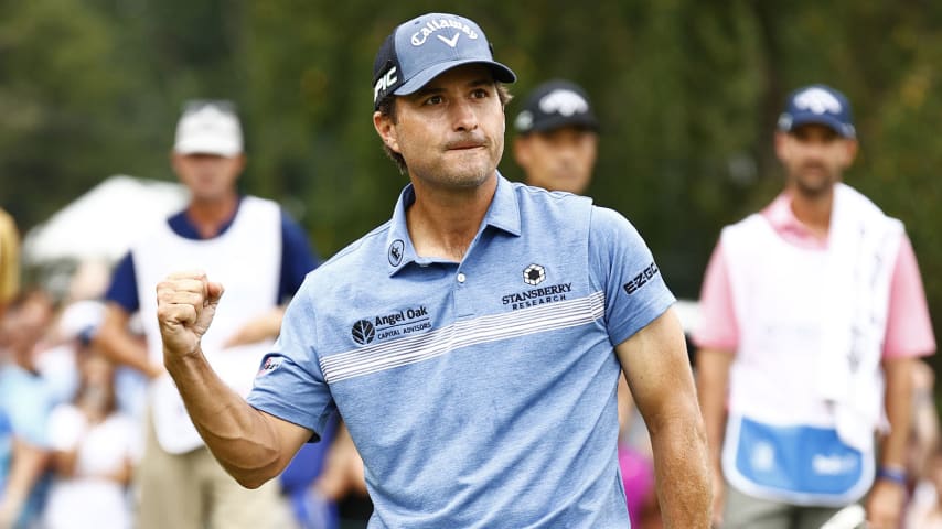 GREENSBORO, NORTH CAROLINA - AUGUST 15: Kevin Kisner of the United States celebrates his birdie putt on the 18th green to win the sudden death second-playoff hole during the final round of the Wyndham Championship at Sedgefield Country Club on August 15, 2021 in Greensboro, North Carolina. (Photo by Jared C. Tilton/Getty Images)