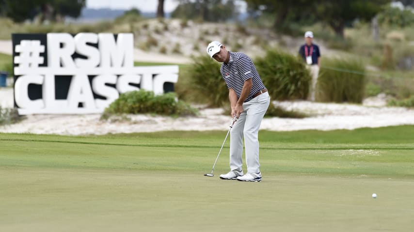 SEA ISLAND, GA - NOVEMBER 22:  Kevin Kisner putts on the 18th hole in a playoff with Robert Streb during the final round of The RSM Classic at Sea Island Resort Seaside Course on November 22, 2020 in Sea Island, Georgia. (Photo by Jennifer Perez/PGA TOUR via Getty Images)