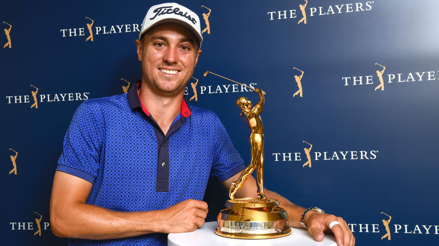 PONTE VEDRA BEACH, FL - MARCH 14: Justin Thomas poses with the trophy after winning THE PLAYERS Championship on THE PLAYERS Stadium Course at TPC Sawgrass on March 14, 2021, in Ponte Vedra Beach, FL. (Photo by Ben Jared/PGA TOUR via Getty Images)