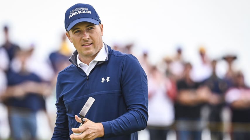 SANDWICH, ENGLAND - JULY 15:  Jordan Spieth smiles after making a par saving putt on the ninth hole green during Day One of the 149th The Open Championship at Royal St. Georges Golf Club on July 15, 2021 in Sandwich, England. (Photo by Keyur Khamar/PGA TOUR via Getty Images)