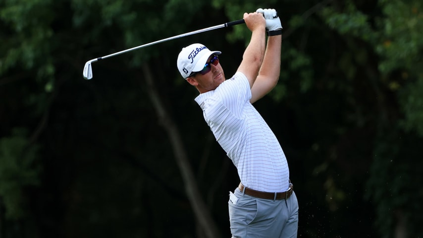 JACKSON, MISSISSIPPI - OCTOBER 01: Andy Ogletree plays his shot on the 14th hole during round two of the Sanderson Farms Championship at Country Club of Jackson on October 01, 2021 in Jackson, Mississippi. (Photo by Sam Greenwood/Getty Images)