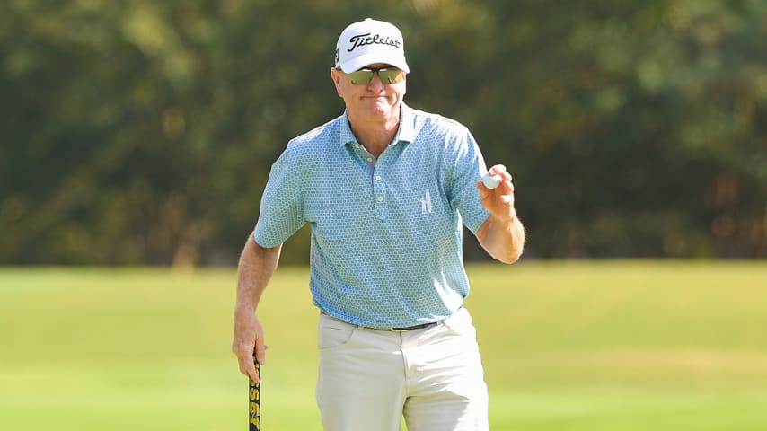 RICHMOND, VA - OCTOBER 23: Steve Flesch waves his ball on the sixth green during the second round of the PGA TOUR Champions Dominion Energy Charity Classic at The Country Club of Virginia on October 23 2021 in Richmond, Virginia. (Photo by Ben Jared/PGA TOUR via Getty Images)