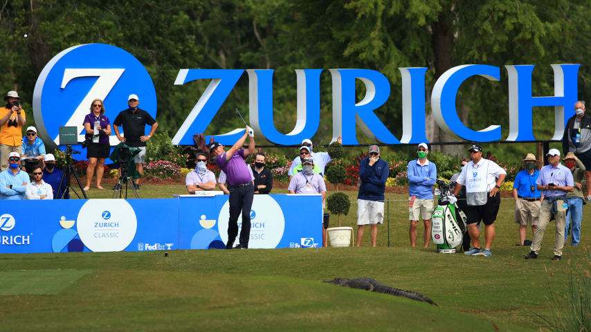 NEW ORLEANS, LOUISIANA - APRIL 23: Jason Kokrak plays his shot from the 17th tee during the second round of the Zurich Classic of New Orleans at TPC Louisiana on April 23, 2021 in New Orleans, Louisiana. (Photo by Mike Ehrmann/Getty Images)