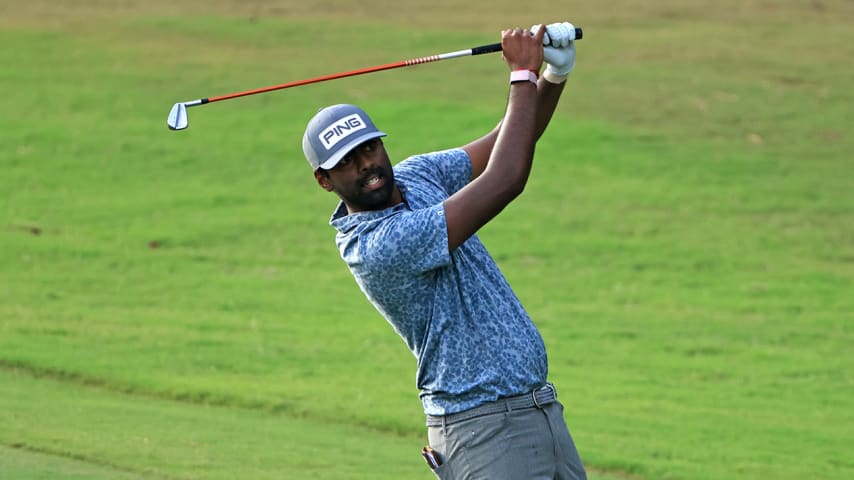 JACKSON, MISSISSIPPI - OCTOBER 01: Sahith Theegala reacts to a shot on the 14th hole during round two of the Sanderson Farms Championship at Country Club of Jackson on October 01, 2021 in Jackson, Mississippi. (Photo by Sam Greenwood/Getty Images)