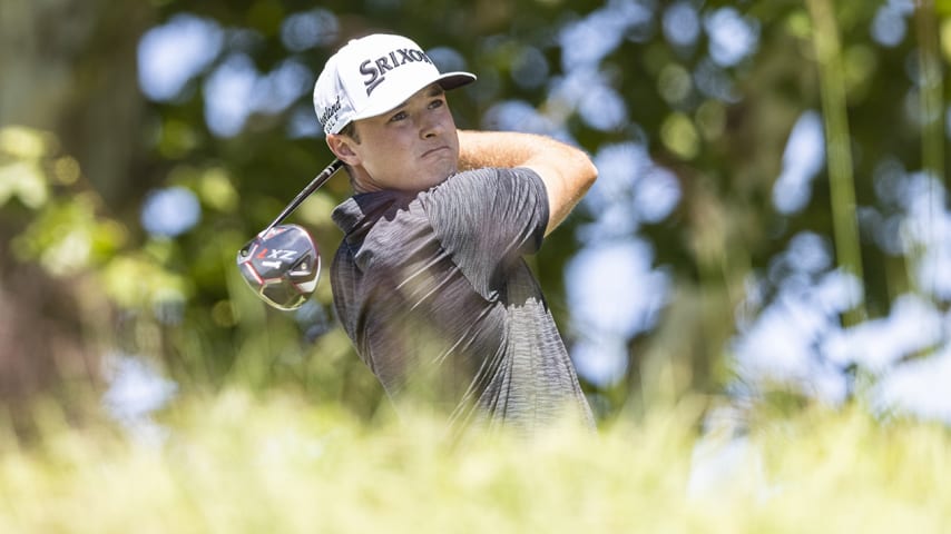 NEWBURGH, IN - SEPTEMBER 02: Brent Grant plays his shot from the 9th tee during the first round of the Korn Ferry Tour Championship presented by United Leasing and Financing at Victoria National Golf Club on September 2, 2021 in Newburgh, Indiana. (Photo by James Gilbert/PGA TOUR via Getty Images)