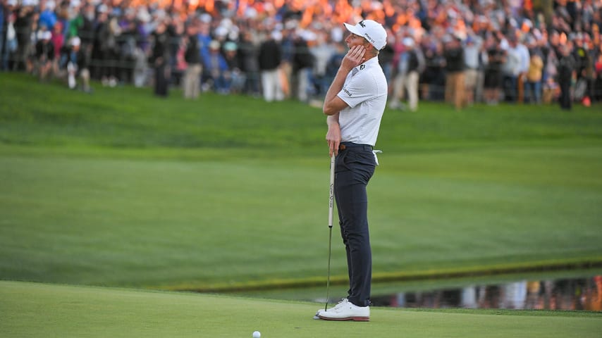 SAN DIEGO, CA - JANUARY 29: Will Zalatoris reacts to his putt on the 18th green during the final round of the Farmers Insurance Open at Torrey Pines South on January 29, 2022 in San Diego, California. (Photo by Ben Jared/PGA TOUR via Getty Images)