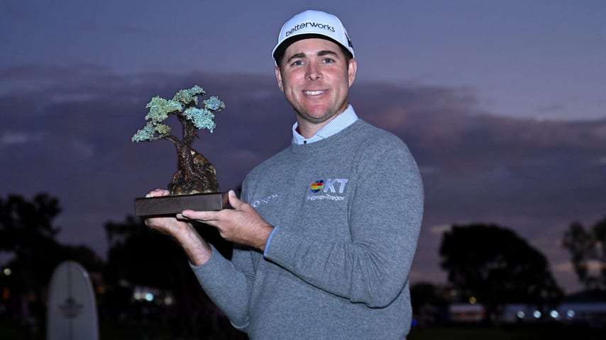 LA JOLLA, CALIFORNIA - JANUARY 29: Luke List celebrates with the trophy after winning the The Farmers Insurance Open at Torrey Pines Golf Course on January 29, 2022 in La Jolla, California. (Photo by Donald Miralle/Getty Images)