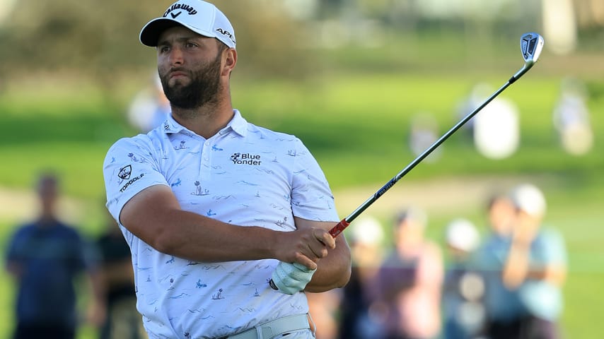 LA JOLLA, CALIFORNIA - JANUARY 28: Jon Rahm of Spain hits from the fairway on the 15th hole during the third round of The Farmers Insurance Open on the South Course at Torrey Pines Golf Course on January 28, 2022 in La Jolla, California. (Photo by Sam Greenwood/Getty Images)