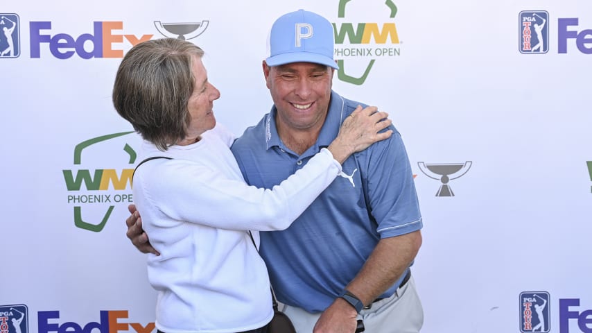 SCOTTSDALE, AZ - FEBRUARY 08:  D.J. Gregory receives the 2022 PGA TOUR Courage Award prior to the WM Phoenix Open at TPC Scottsdale on February 8, 2022 in Scottsdale, Arizona. (Photo by Tracy Wilcox/PGA TOUR)