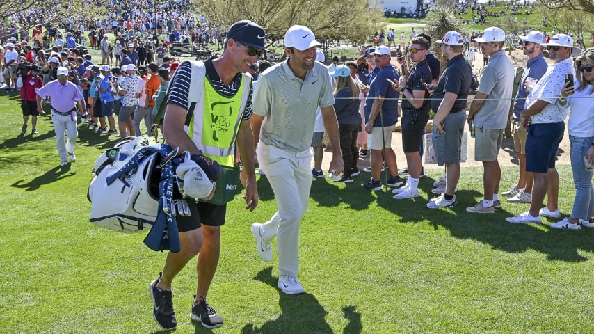 SCOTTSDALE, AZ - FEBRUARY 13:  Scottie Scheffler walks to the third tee during the final round of the WM Phoenix Open at TPC Scottsdale on February 13, 2022 in Scottsdale, Arizona. (Photo by Tracy Wilcox/PGA TOUR via Getty Images)