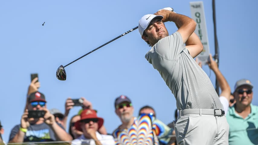 SCOTTSDALE, AZ - FEBRUARY 13:  Scottie Scheffler hits his tee shot at the 10th hole during the final round of the WM Phoenix Open at TPC Scottsdale on February 13, 2022 in Scottsdale, Arizona. (Photo by Tracy Wilcox/PGA TOUR via Getty Images)