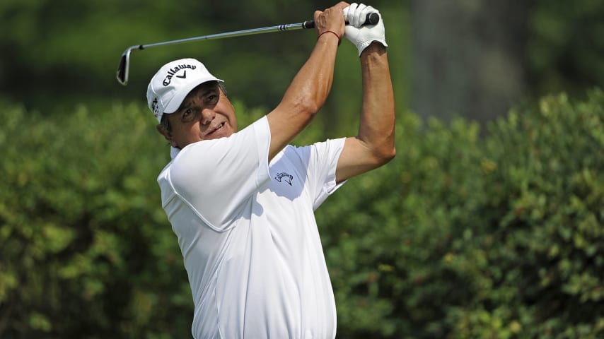 PITTSBURGH, PA - JUNE 29: Eduardo Romero of Argentina tees off on the 6th hole during the second round of the Constellation Senior Players Championship at Fox Chapel Golf Club on June 29, 2012 in Pittsburgh, Pennsylvania. (Photo by Chris Condon/PGA TOUR)