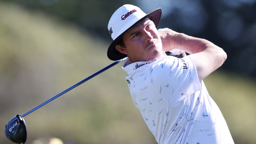 PEBBLE BEACH, CALIFORNIA - FEBRUARY 06: Joel Dahmen of the United States plays his shot from the 13th tee during the final round of the AT&T Pebble Beach Pro-Am at Pebble Beach Golf Links on February 06, 2022 in Pebble Beach, California. (Photo by Jed Jacobsohn/Getty Images)