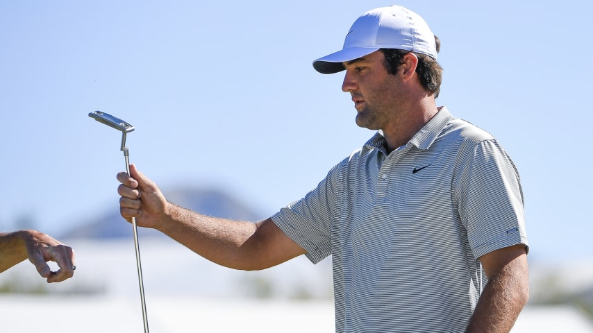 SCOTTSDALE, AZ - FEBRUARY 13:  Scottie Scheffler at the second hole during the final round of the WM Phoenix Open at TPC Scottsdale on February 13, 2022 in Scottsdale, Arizona. (Photo by Tracy Wilcox/PGA TOUR via Getty Images)