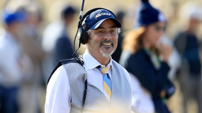 PARIS, FRANCE - SEPTEMBER 28: David Feherty the American television broadcaster for CBS Television on course during the afternoon foursome matches of the 2018 Ryder Cup at Le Golf National on September 28, 2018 in Paris, France.  (Photo by David Cannon/Getty Images)