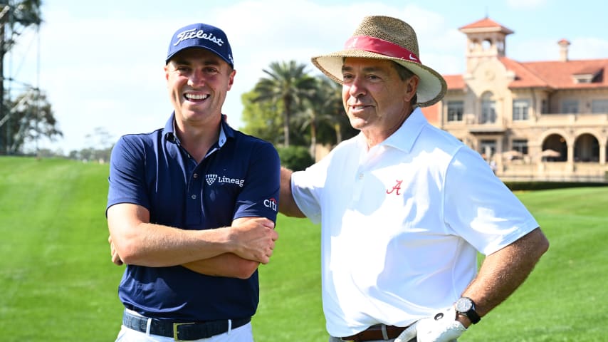 Nick Saban surprises Justin Thomas at THE PLAYERS media day